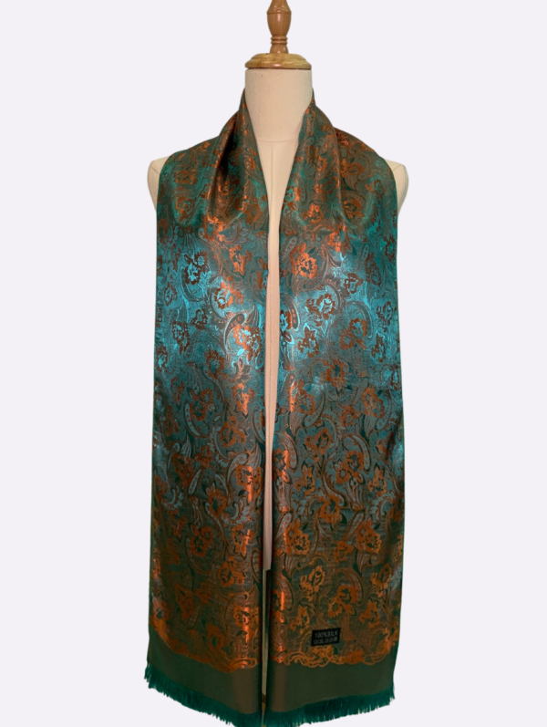 Amber and Teal Floral Paisley Silk Scarf