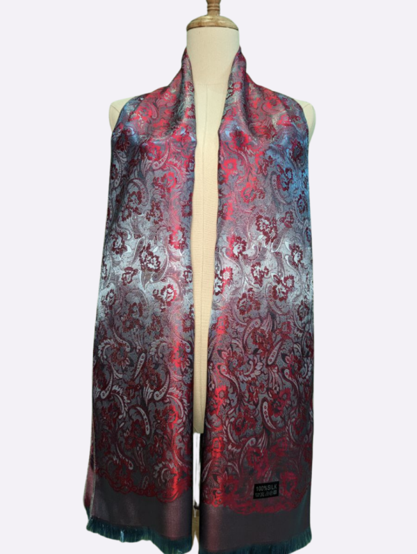 Blue Tinted Red Floral Paisley Silk Scarf